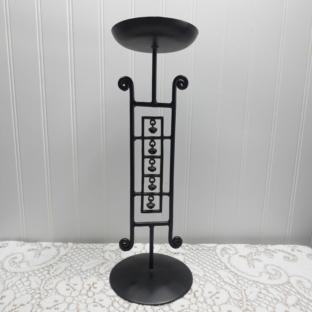 Modern Black Metal Pillar Candle Holder with Bells Tall Decorative Stand